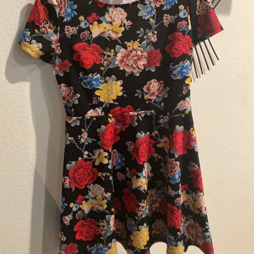 Floral Mini Dress - Black with Red, Yellow, and Blue Flowers
